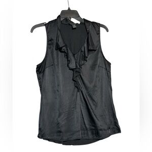 White House Black Market Black- Silk- Sleeveless Ruffle Blouse- Medium- V- neck